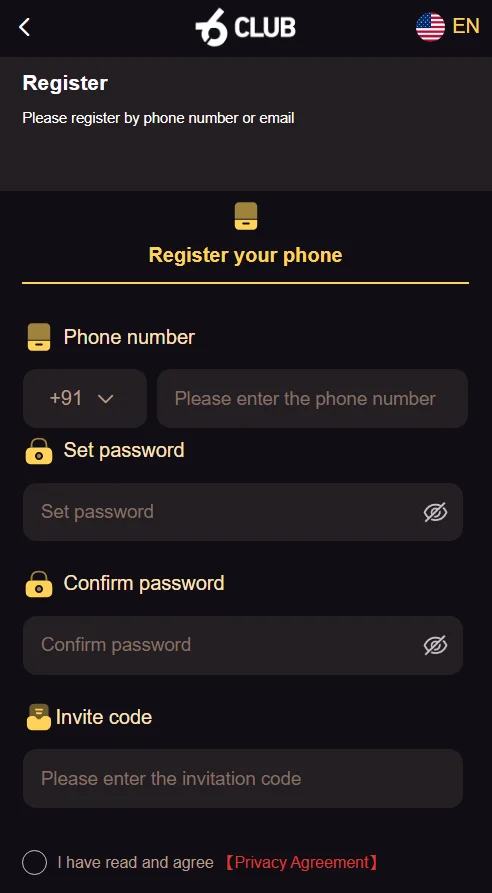 An image showing the registration page of the 6 Club game